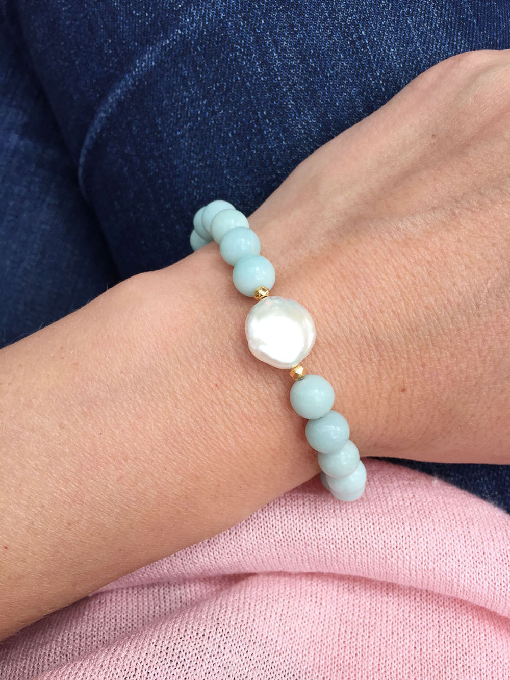 Amazonite and Pearl Bracelet (Gold)