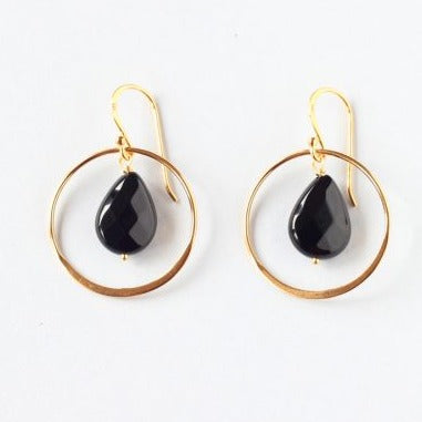 Black Onyx  Teardrop Hoop Earrings (Gold)